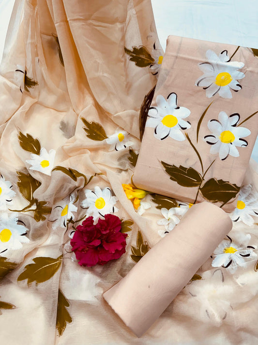Pure Cotton Handpaint Unstitched Suit With Chiffon Dupatta