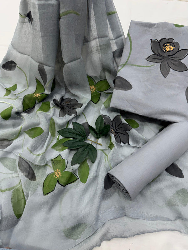 Pure Cotton Handpaint Unstitched Suit With Chiffon Dupatta