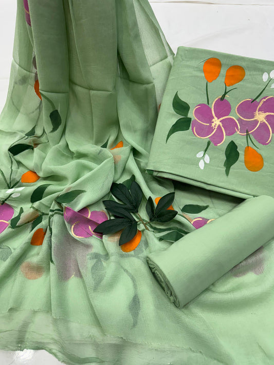 Pure Cotton Handpaint Unstitched Suit With Chiffon Dupatta