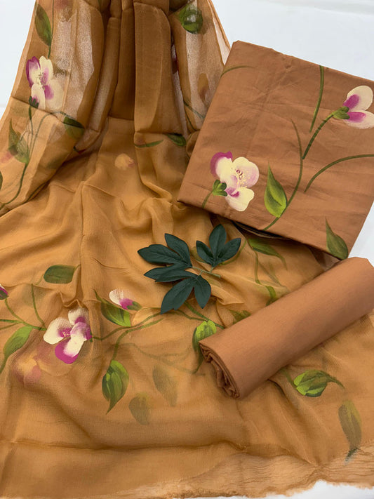 Pure Cotton Handpaint Unstitched Suit With Chiffon Dupatta