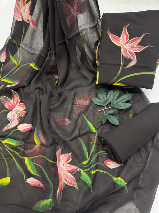 Pure Cotton Handpaint Unstitched Suit With Chiffon Dupatta