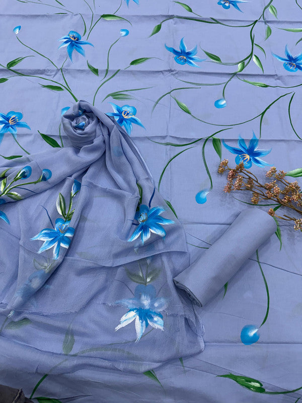 Pure Cotton Handpaint Unstitched Suit With Chiffon Dupatta