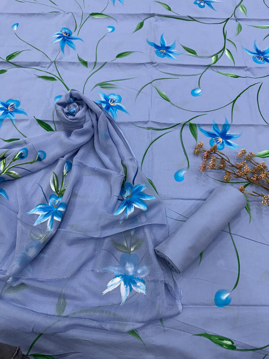 Pure Cotton Handpaint Unstitched Suit With Chiffon Dupatta