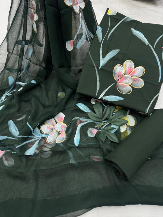 Pure Cotton Handpaint Unstitched Suit With Chiffon Dupatta