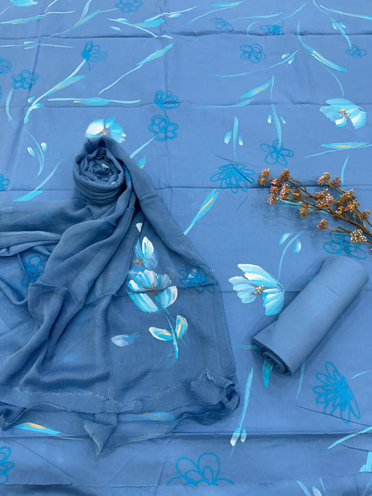 Pure Cotton Handpaint Unstitched Suit With Chiffon Dupatta