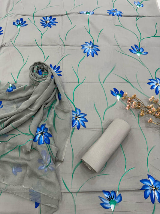 Pure Cotton Handpaint Unstitched Suit With Chiffon Dupatta