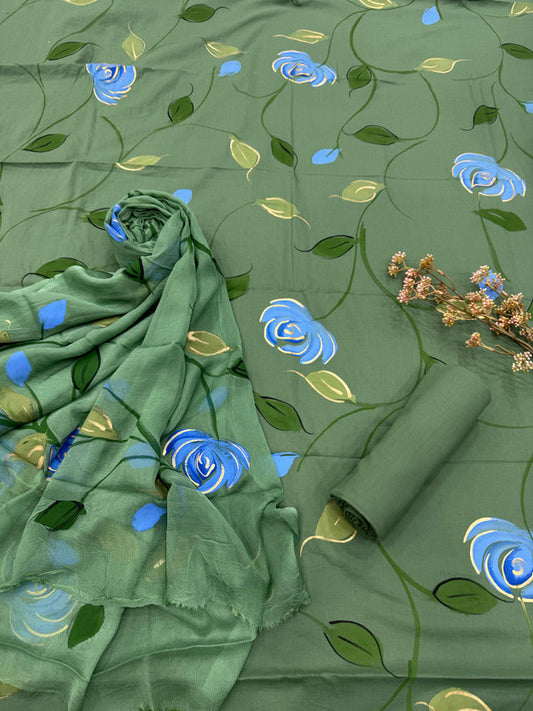 Pure Cotton Handpaint Unstitched Suit With Chiffon Dupatta