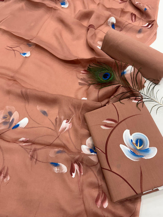 Pure Cotton Handpaint Unstitched Suit With Chiffon Dupatta