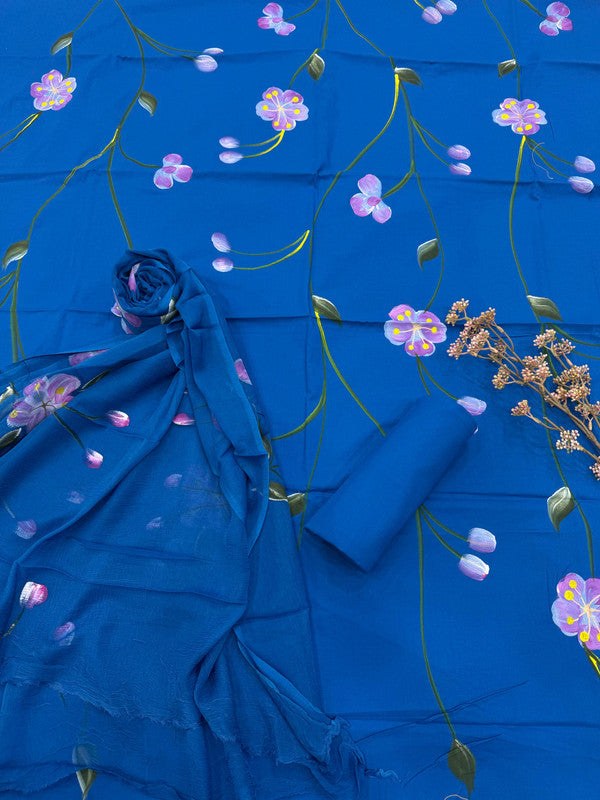 Pure Cotton Handpaint Unstitched Suit With Chiffon Dupatta