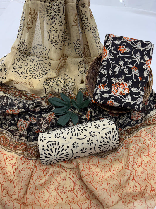 Pure Cotton Unstitched Suit With Chiffon Dupatta