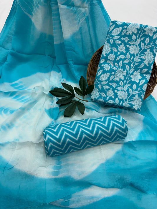 Pure Cotton Unstitched Suit With Chiffon Dupatta