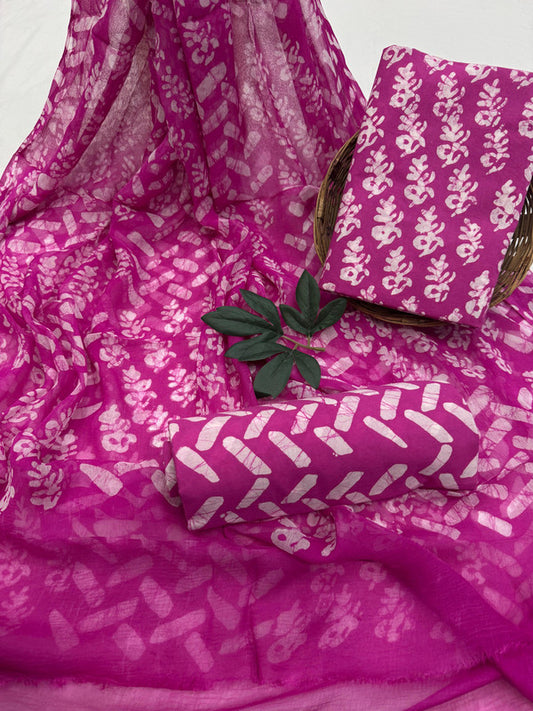 Pure Cotton Unstitched Suit With Chiffon Dupatta