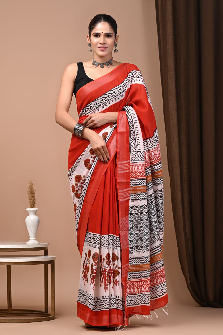 HAND BLOCK PRINTED COTTON LINEN SAREE WITH BLOUSE