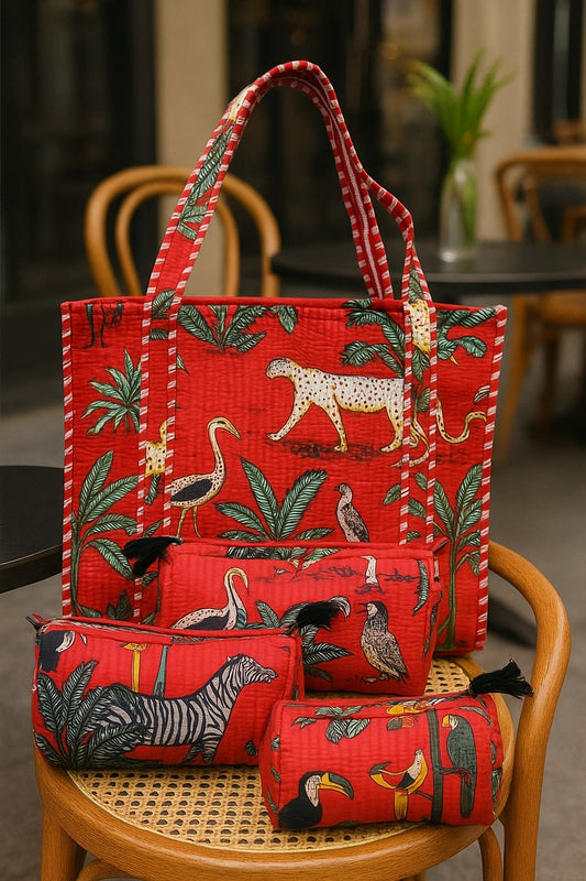 Red Jungle Safari Tote and Pouches (With Zipper)