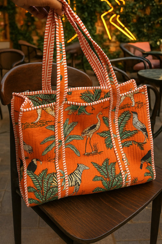 Orange Jungle Safari Tote (With Zipper)