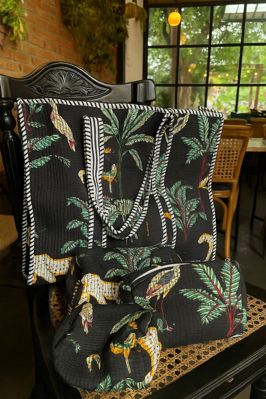 Black Jungle Safari Tote and Pouches (With Zipper)