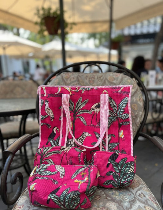 Pink Jungle Safari Tote and Pouches (With Zipper)