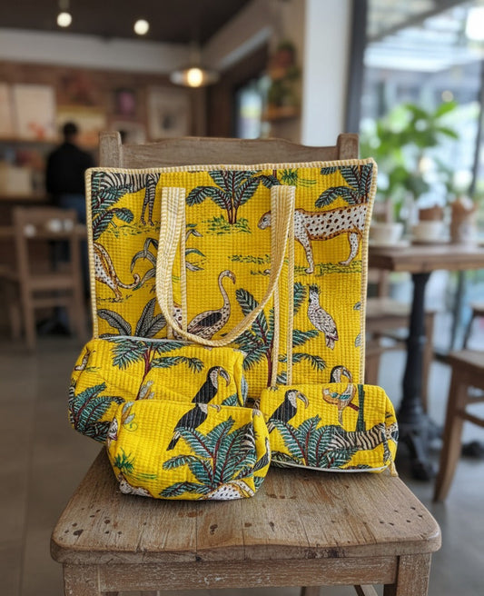 Yellow Jungle Safari Tote and Pouches (With Zipper)