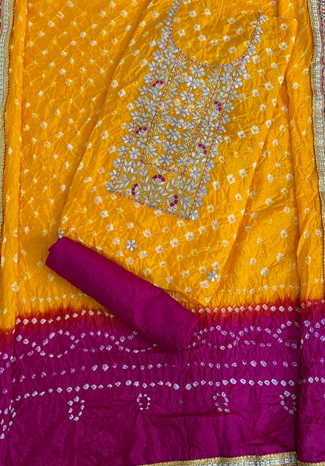 Bandhani Heavy Silk Fabric Suit With Beautiful Hand Gotapatti Work Dupatta