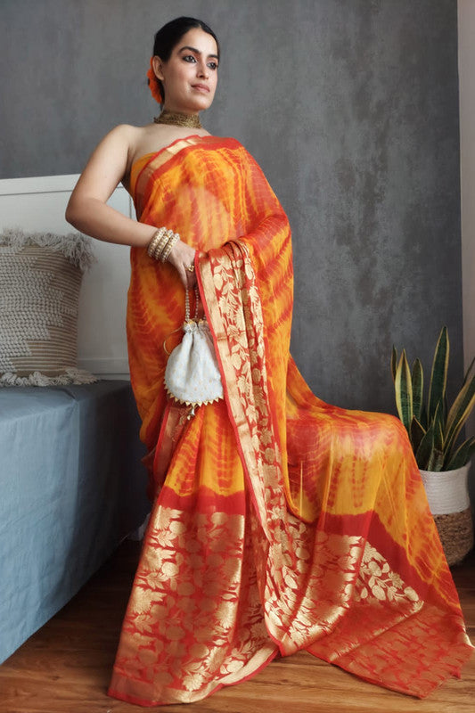 Premium Shibori print chiffon saree in Goldend Flower & zari border with Running Blouse
