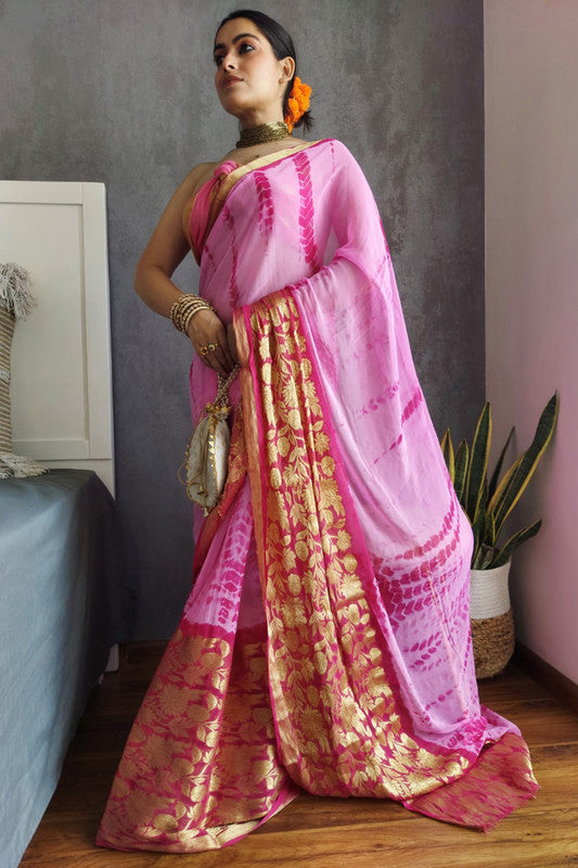 Premium Shibori print chiffon saree in Goldend Flower & zari border with Running Blouse