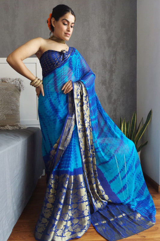 Premium Shibori print chiffon saree in Goldend Flower & zari border with Running Blouse