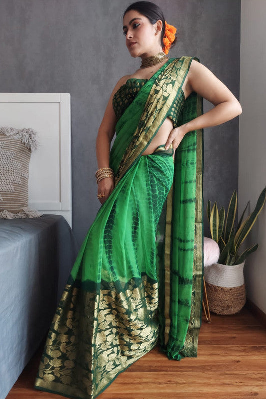 Premium Shibori print chiffon saree in Goldend Flower & zari border with Running Blouse