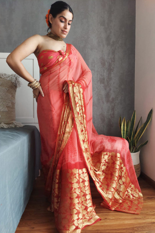 Premium Shibori print chiffon saree in Goldend Flower & zari border with Running Blouse