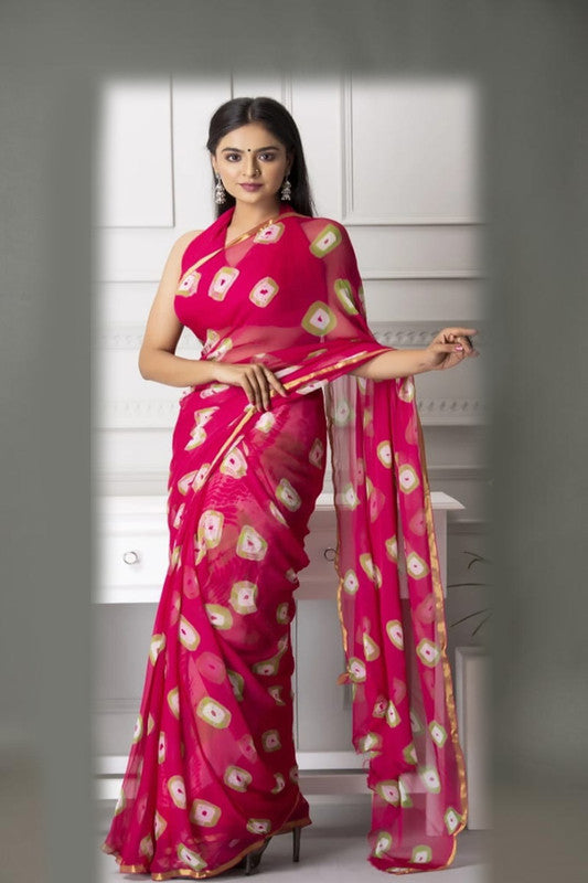 Premium Jaipuri Hand Work Print Chiffon Saree in Zari Border with Running Blouse