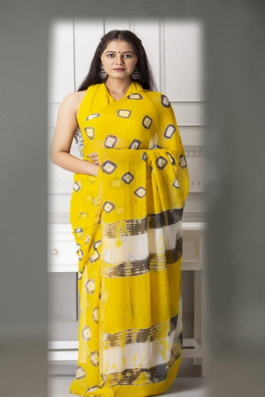 Premium Jaipuri Hand Work Print Chiffon Saree in Zari Border with Running Blouse
