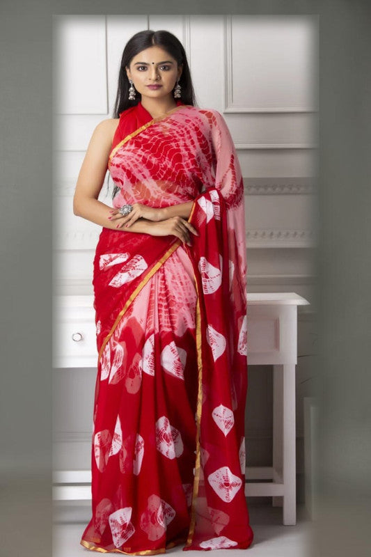 Premium Jaipuri Hand Work Print Chiffon Saree in Zari Border with Running Blouse