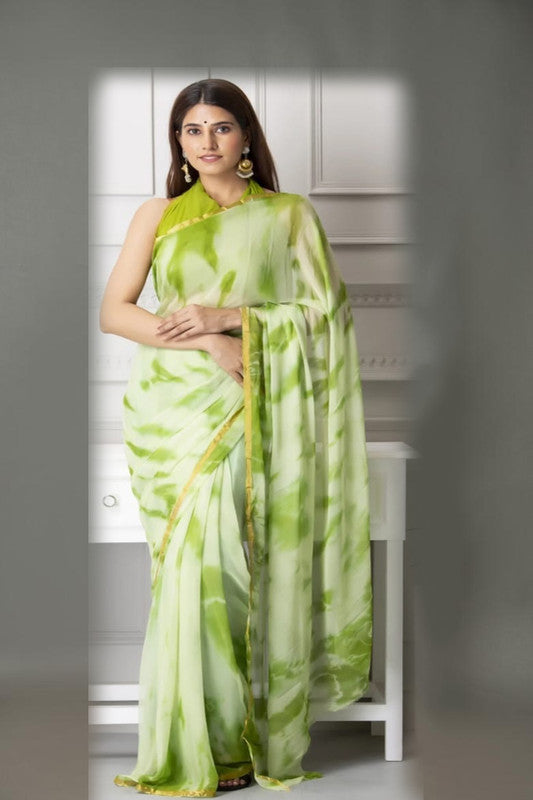 Premium Jaipuri Hand Work Print Chiffon Saree in Zari Border with Running Blouse