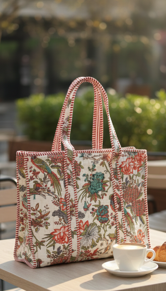 Ivory Paradise Bloom Tote (With Zipper)