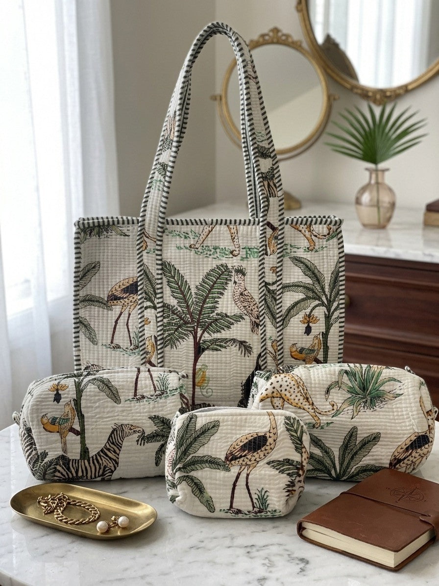 White Jungle Safari Tote and Pouches (With Zipper)