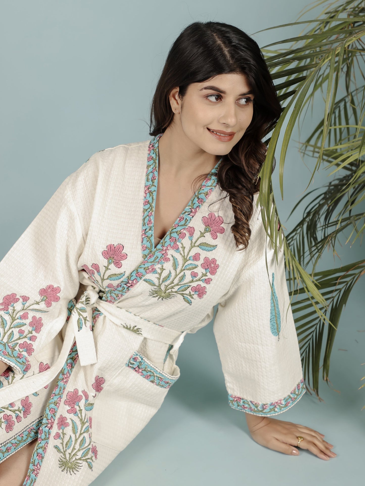 Luxury Waffle Cotton Bathrobe – Unisex | Handblock Printed | Free Size