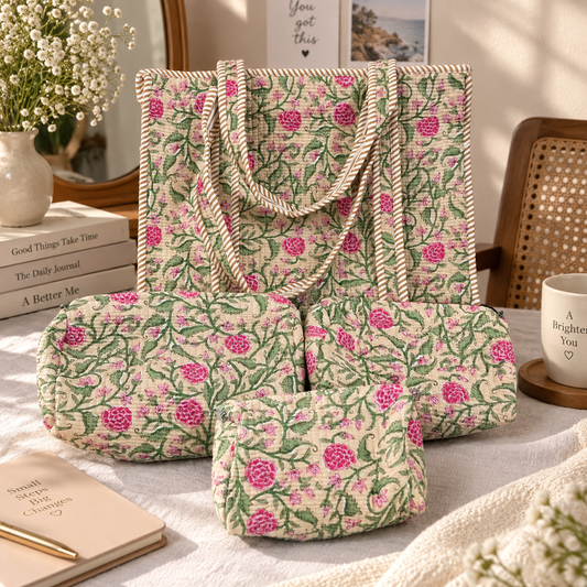 The Pink Bloom Tote and Pouches (With Zipper)