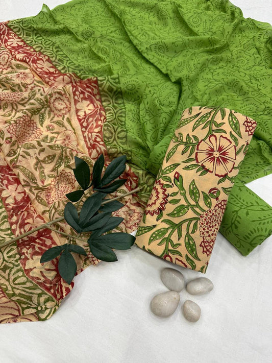Pure Cotton Unstitched Suit With Chiffon Dupatta