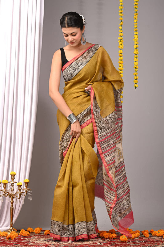CHANDERI SILK BAGRU PRINT SAREE WITH ZARI BORDER