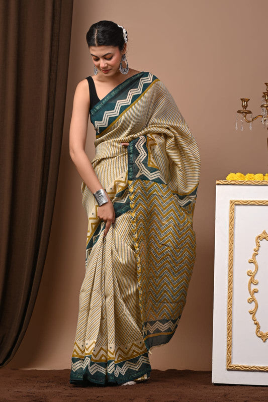 CHANDERI SILK BAGRU PRINT SAREE WITH ZARI BORDER