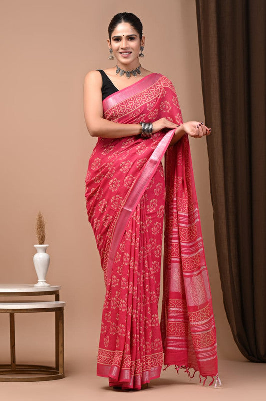 HAND BLOCK PRINTED COTTON LINEN SAREE WITH BLOUSE
