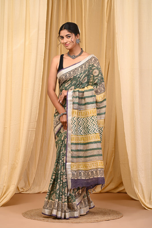 HAND BLOCK PRINTED COTTON LINEN SAREE WITH BLOUSE