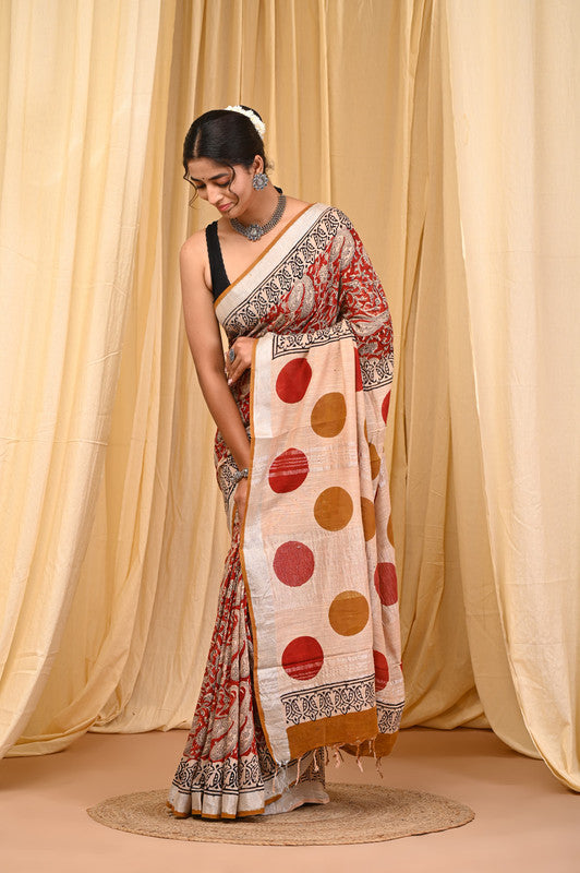 HAND BLOCK PRINTED COTTON LINEN SAREE WITH BLOUSE
