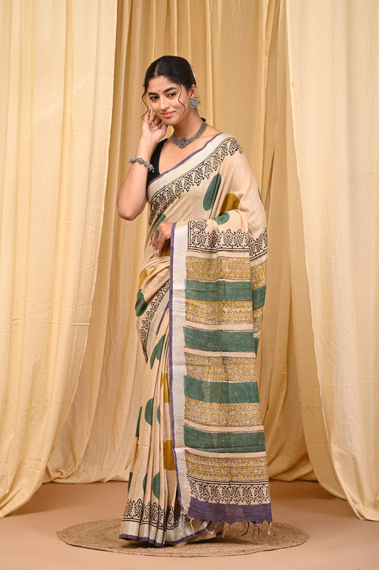 HAND BLOCK PRINTED COTTON LINEN SAREE WITH BLOUSE