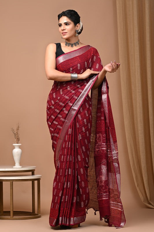 HAND BLOCK PRINTED COTTON LINEN SAREE WITH BLOUSE