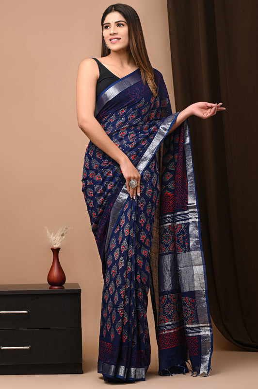 HAND BLOCK PRINTED COTTON LINEN SAREE WITH BLOUSE