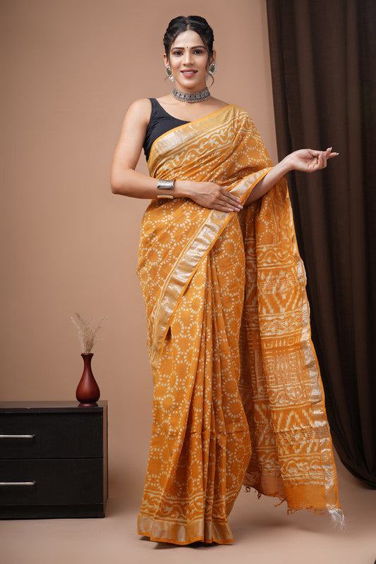 HAND BLOCK PRINTED COTTON LINEN SAREE WITH BLOUSE