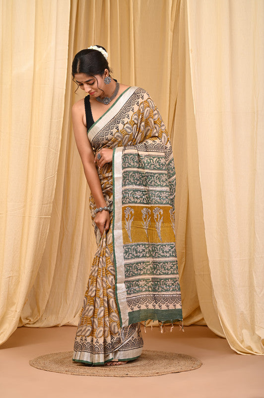 HAND BLOCK PRINTED COTTON LINEN SAREE WITH BLOUSE