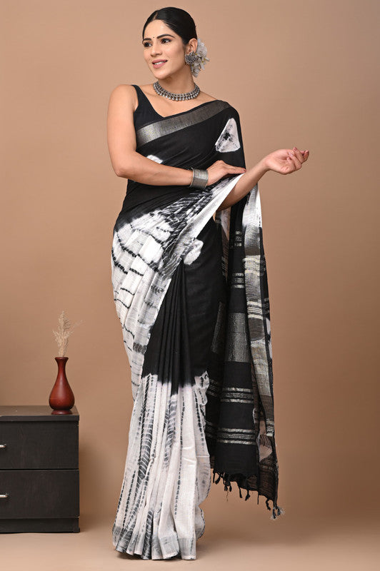 HAND BLOCK PRINTED COTTON LINEN SAREE WITH BLOUSE