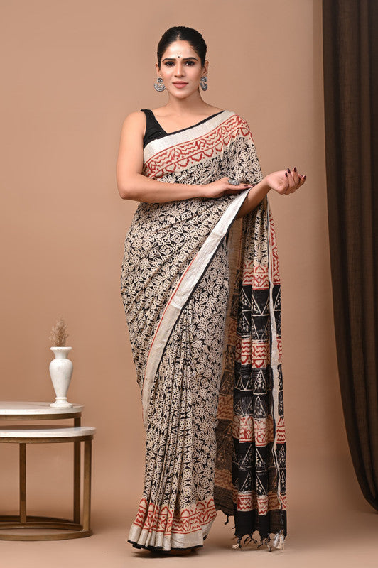 HAND BLOCK PRINTED COTTON LINEN SAREE WITH BLOUSE