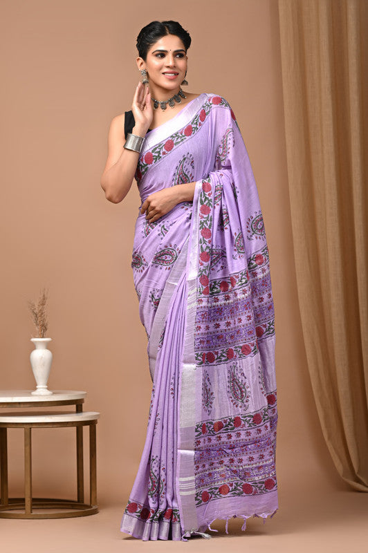 HAND BLOCK PRINTED COTTON LINEN SAREE WITH BLOUSE